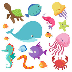 Sticker - Cartoon childrens aquarium and wild sea fishes vector set