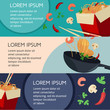 vector flat asian wok illustration banners, posters set. Udon noodles in paper box, large royal shrimp, chili pepper, sticks, parsley, mushroom, pan. Stir fry eastern fastfood icons for menu design.