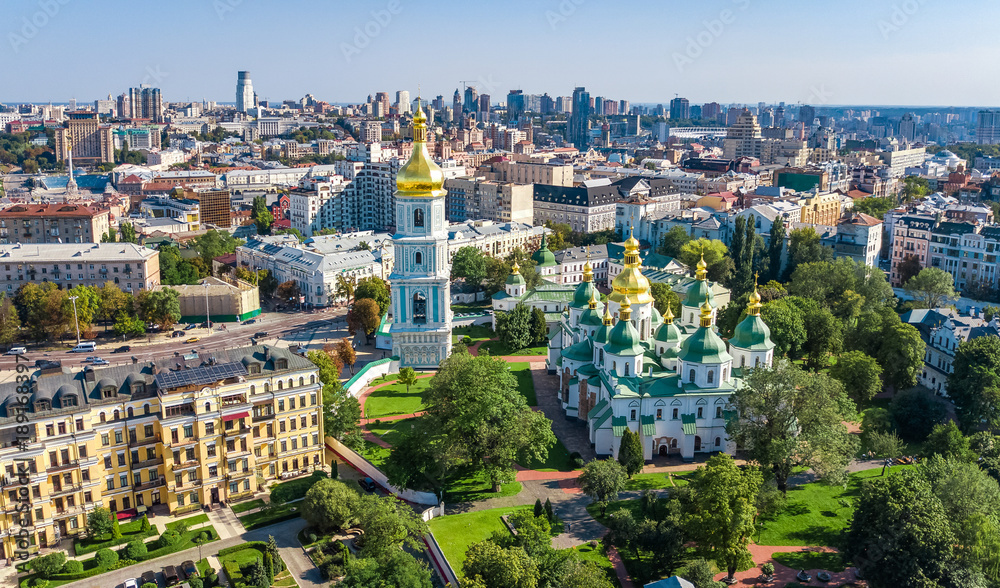 Obraz na płótnie Aerial top view of St Sophia cathedral and Kiev city skyline from above, Kyiv cityscape, capital of Ukraine
 w salonie