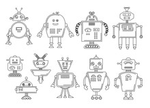 Vector Illustration Of A Robot. Mechanical Character Design. Set Of Four Different Robots. Coloring Book Page