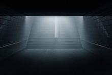 3d Rendering Of Darken Underpass With Staircase At Night In The Fog
