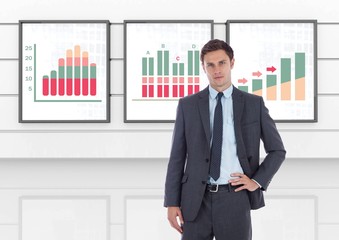 Poster - Businessman standing with colorful chart statistics on wall