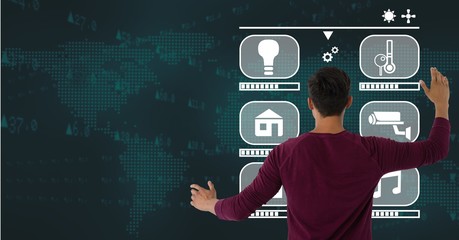 Wall Mural - Man touching interface with map background