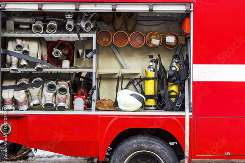 Photographie The fire truck is red. Fire and rescue equipment in a fire truck.