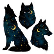 Set of wolf silhouettes with crescent moon and stars isolated. Sticker, print or tattoo design vector illustration. Pagan totem, wiccan familiar spirit art