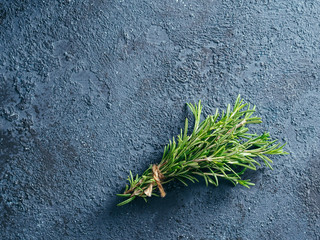 Wall Mural - Organic bunch of fresh rosemary tied with string on dark blue concrete table with copy space. Top view or flat-lay.