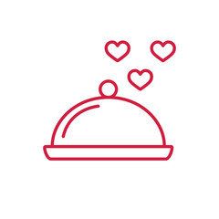 Wall Mural - romance dinner. dish with hearts red line icon on white background