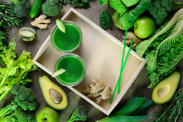 Wall Mural - Detox green smoothies concept, view from above arrangement