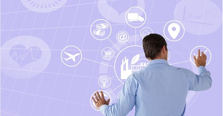 Poster - Man touching circle interface with purple background