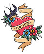 Isolated tattoo red heart with ribbon, swallow, flowers and word Mother. Vector illustration for Mother Day. Old school