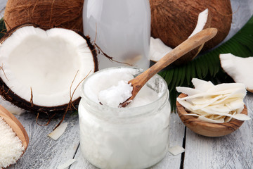 Coconut products with fresh coconut, Coconut flakes, water and oil