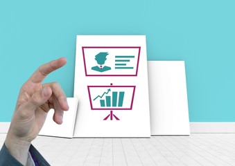 Poster - Hand pointing with Business Charts on white boards