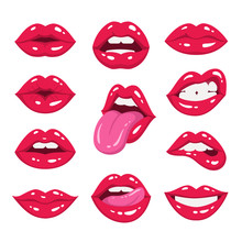 Red Lips Collection. Vector Illustration Of Sexy Woman's Lips Expressing Different Emotions, Such As Smile, Kiss, Half-open Mouth, Biting Lip, Lip Licking, Tongue Out. Isolated On White.