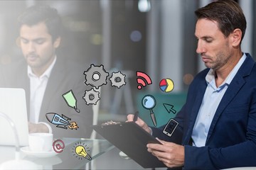 Poster - Business man writing with graph overlays