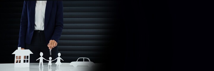 Poster - Paper Cut Out family home and car with business person
