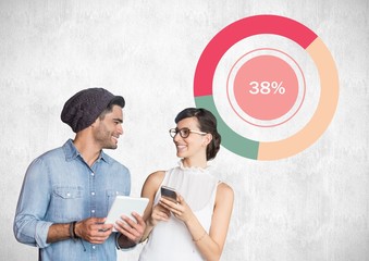 Man and woman holding devices with colorful chart statistics