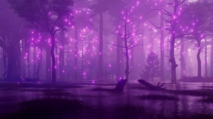 Wall Mural - mysterious night forest swamp with magical firefly lights flying in the air among creepy ancient tre