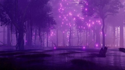 Wall Mural - mystical firefly lights flying around creepy dead trees on a mysterious forest swamp at dark foggy n