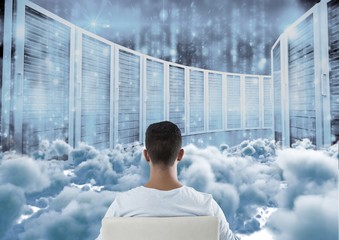 Poster - teenager sitting looking at simulation through clouds