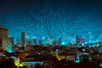 Poster - digital circuit line on blue night city background