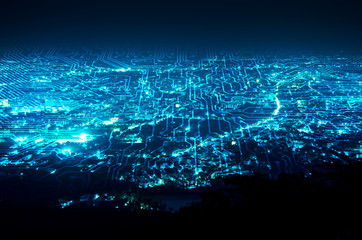Poster - digital circuit line on blue night city background