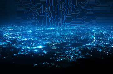 Poster - digital circuit line on blue night city background