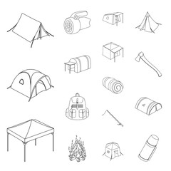 Wall Mural - Different kinds of tents outline icons in set collection for design. Temporary shelter and housing vector symbol stock web illustration.