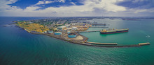 Aerial Panorama Of Williamstown Suburb And Industrial Wharfs In Summer. Melbourne, Australia