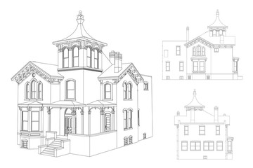 Wall Mural - Old house in Victorian style. Illustration on white background. Species from different sides.