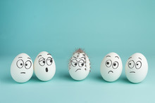 Bad Character Concept. Prickly Egg. Five White Eggs With Drawn Faces On A Blue Background.