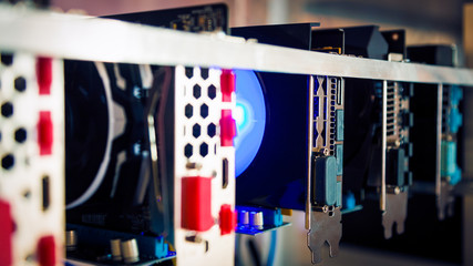 Fototapete - farm for mining crypto currency on video cards close-up. Device for mining crypto currency.Mining cryptocurrency. Machines for mining cryptocurrency, bitcoin.