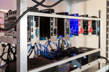 Fototapete - Сomputer quipment  graphic cards for crpytocurrency mining, close up