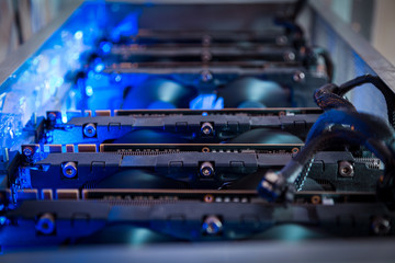 Fototapete - Close-up equipment for mining crypto-bitcoin, ether. Video cards, motherboards