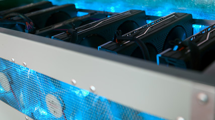 Fototapete - Сomputer quipment  graphic cards for crpytocurrency mining, close up