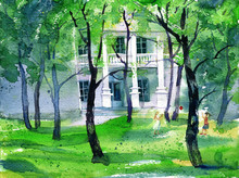 Watercolor Painting With Playing Children And Mansion House In The Background. Picture Of Green Park In The Spring.