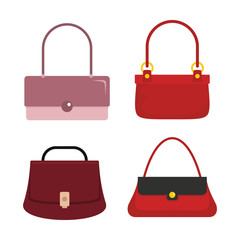 Colourful flat ladies handbags, woman accessories vector collection. Handbag luxury, accessory bag female vector illustration