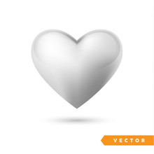 Realistic Silver Heart. Isolated On White. Valentines Day Greeting Card Background. 3D Icon. Romantic   Vector Illustration. Easy To Edit Design Template For Your Artworks.