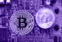 Gold Bitcoin,digital Electronic Money Dyeing Ultra Violet Background,color Of The Year 2018