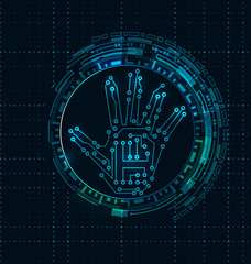 Sticker - Abstract Hand with Scan, Electronic Technology Background, Circuit Lines, Hud Elements