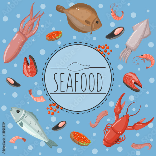 Seafood Fish Products For The Fish Market Or Restaurant Vector