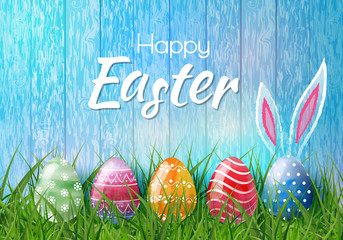 Happy Easter background with realistic Easter eggs. Easter card.