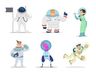 Wall Mural - male and female astronauts. cartoon characters in action poses