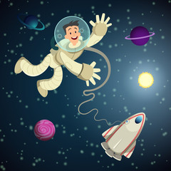 Poster - Astronaut in open space with shuttle and some planets. Vector cartoon background