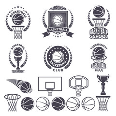Wall Mural - Sport logos with basketball monochrome pictures. Vector labels set isolate on white
