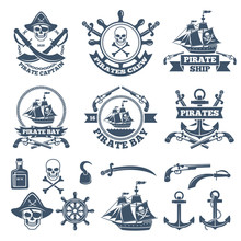 Vintage Nautical And Pirates Labels. Monochrome Logos Of Sea And Sailing