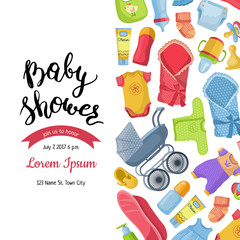 Poster - Vector baby shower invitation with lettering and baby accessories illustration