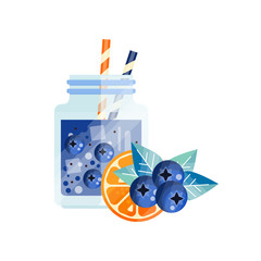 Sticker - Fresh cocktail with blueberry and orange. Glass jar with ice cubes and drinking straws. Refreshing summer cocktail. Natural and tasty beverage. Flat vector design