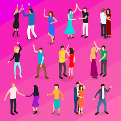 Poster - Isometric Dancing People Characters Icon Set. Vector