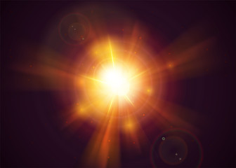 Sunshine Light Effect. Yellow Sun Rays with Transparency. Realistic Holy Sunlight with Glow, Flare, Solar Dust. Magic Gold Sunbeam.