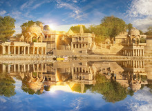 Gadi Sagar Temple On Gadisar Lake Jaisalmer, India.